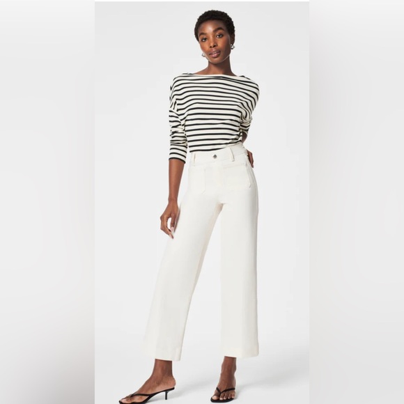 Spanx Cream Off white Cropped Wide Leg Jeans with Patch Pockets Large - Picture 1 of 9